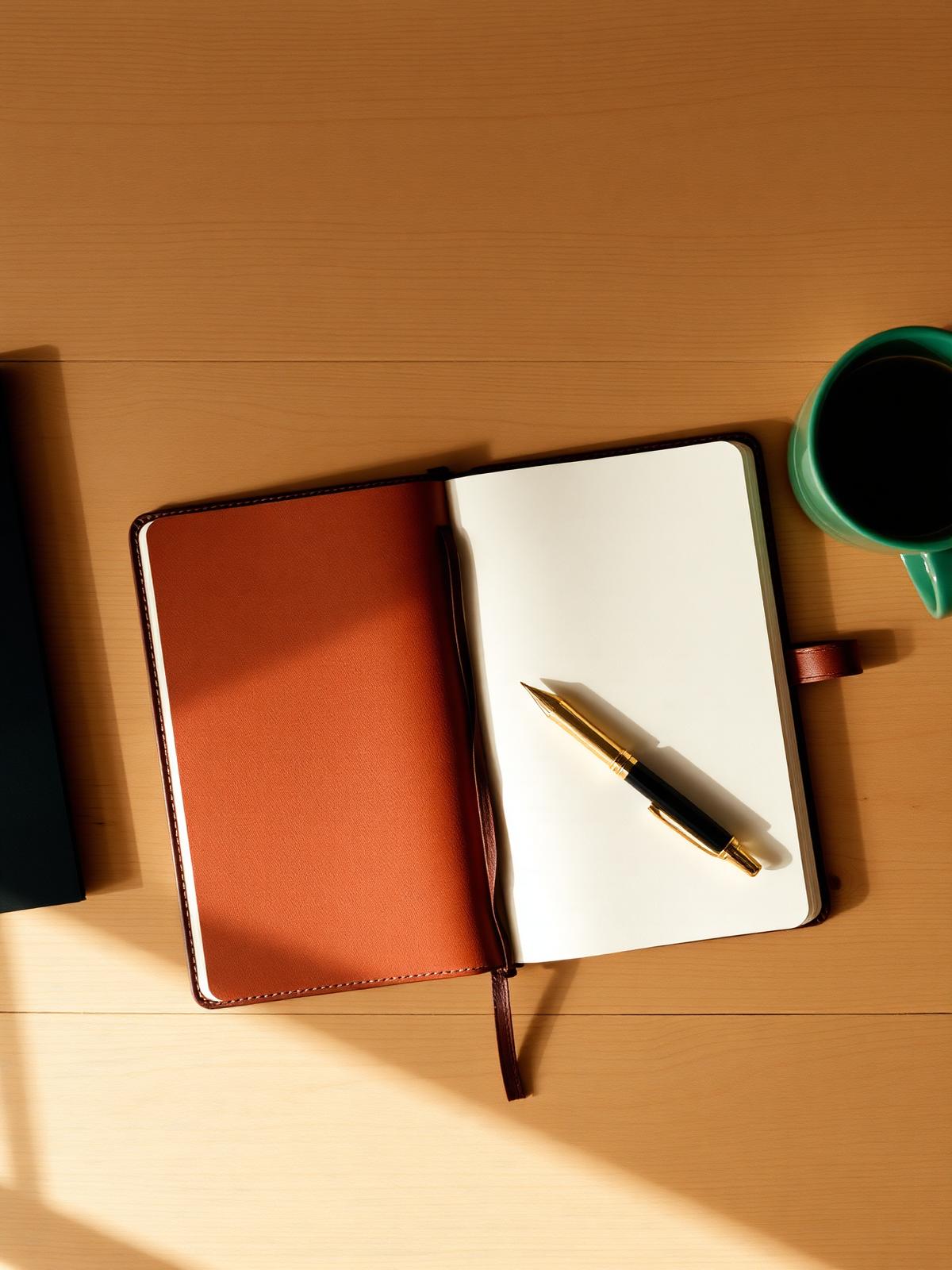 Open ledger journal with a fountain pen on a sunlit wooden desk